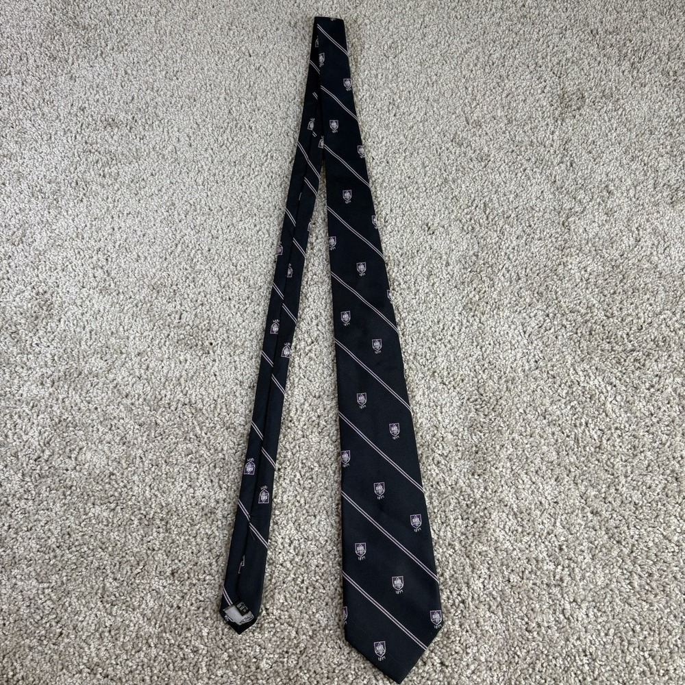 WM Chelsea Necktie Mens OS Silk Black Purple Striped Crest Collegiate Prep Tie